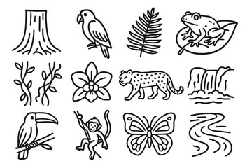 Naklejka premium Rainforest animals linear icon set. featuring tree, parrot, fern, frog, vines, flower, jaguar, waterfall, toucan, monkey, butterfly, river
