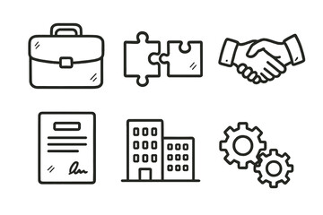 Business and office linear icon set. featuring briefcase, puzzle, handshake, contract, building, gears