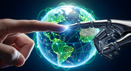 Human and robot hands touching world technology