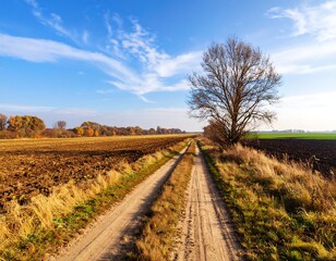 Naklejka premium Autumnal country road through fields