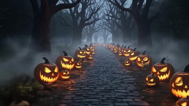 A path lined with lit Jackolanterns leads into a dark foggy forest under a canopy of gnarled trees
