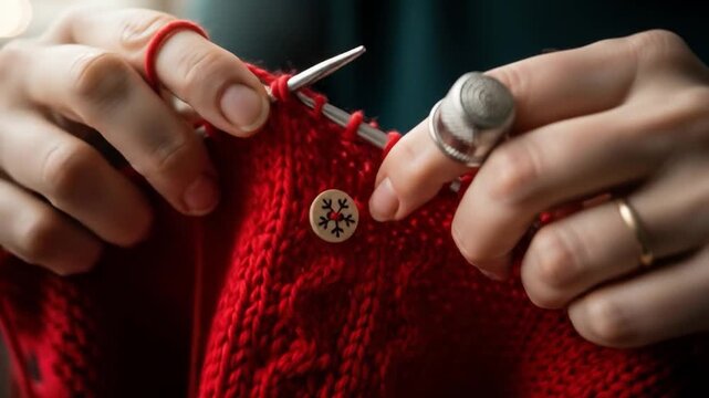 A person is knitting with red yarn wearing a thimble and there is a button with a snowflake design on the knitted fabric