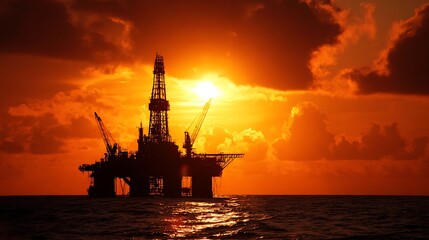 A majestic offshore oil rig stands tall against the backdrop of a vibrant sunset, casting a warm glow over the ocean.