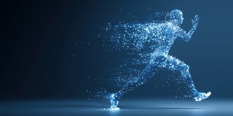 a digital human figure running, composed of blue glowing lines and white dots against an indigo background. the scene is captured in full body with a low-angle view Generative AI