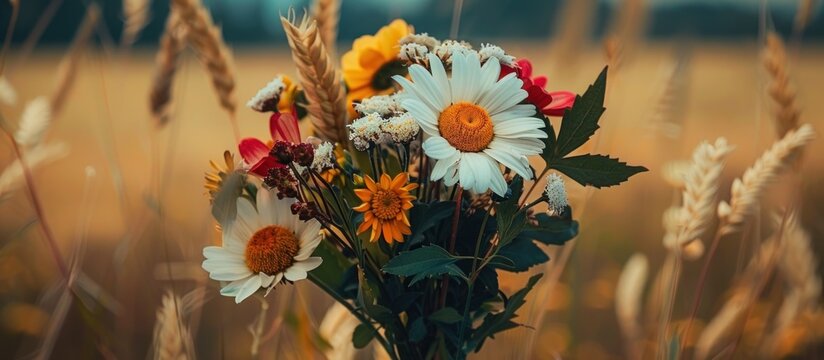 Colorful wildflower bouquet in a wheat field.