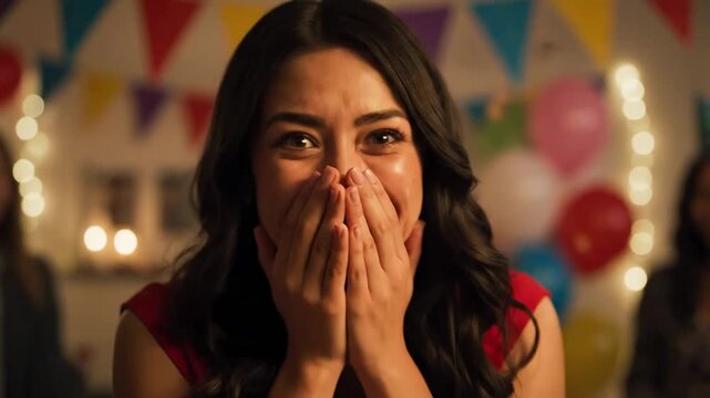 Woman crying tears joy surprise party cinematic UHD handheld lifestyle emotional happiness stock. female weeping gladness impromptu gathering filmic ultra high definition portable