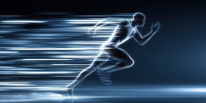 a digital human in action, running with speed and motion lines behind them the background is a dark blue with some light rays of white color shining through the darkness Generative AI