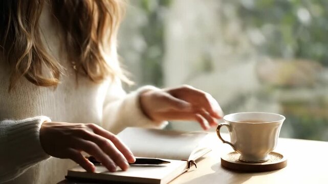 Woman journaling peaceful smile cinematic UHD handheld lifestyle emotional reflection stock video. female writing serene grin filmic ultra high definition portable existence
