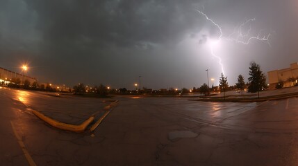 A dramatic lightning strike illuminates a cityscape at night, capturing the intensity of a thunderstorm.
