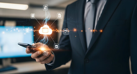 Business professional manages cloud data with smartphone interface