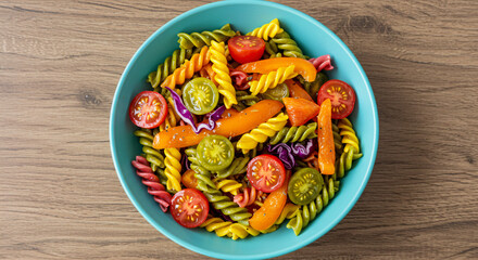 Colorful pasta salad in a vibrant blue bowl on a wooden table, ready to eat