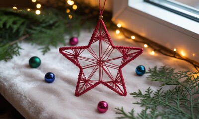 Handmade red star ornament, Christmas, soft focus