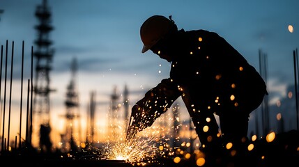 A skilled worker in protective gear uses a grinder to cut metal at a construction site.