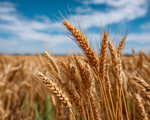 Golden wheat ears close up in sunny field under blue sky, symbolizing harvest and natural beauty in agriculture