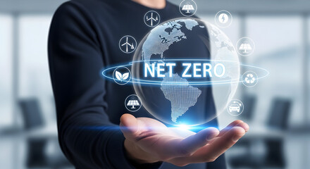 Global net zero initiative with sustainable technology icons