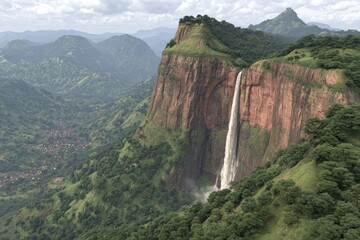 Massive waterfall cascading down red rock face, lush green valley, distant mountains