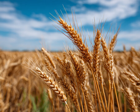Golden wheat ears close up in sunny field under blue sky, symbolizing harvest and natural beauty in agriculture - Powered by Adobe