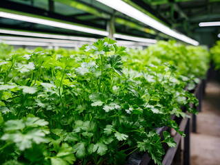 Fresh green parsley growing indoors under artificial light in modern hydroponic farm, vibrant and healthy leaves