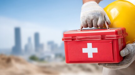 A red first aid kit with a white cross symbol, held by a construction worker in a cityscape background.