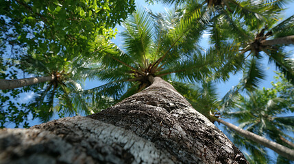 Tall palm tree trunk with green leaves and blue sky background in tropical sunny day