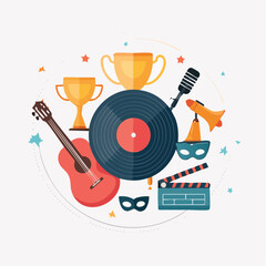 Obraz premium Entertainment Flat Lay Vector Illustration with Musical Instruments and Rewards