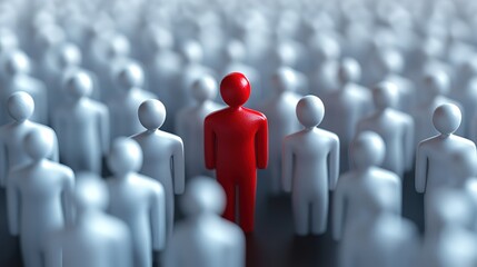 3D Illustration of a Red Figure Standing Out Among a Crowd of White Figures