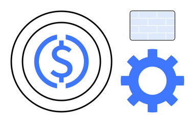 Blue dollar sign within concentric circles, gear, and brick wall. Ideal for finance, economy, investment, process, strategy construction innovation. Versatile visual simple flat metaphor