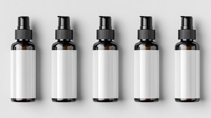 Minimalist product mockup featuring five dark glass spray bottles with blank labels arranged in a