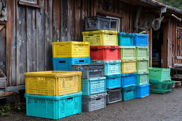 Plastic storage crates stacked outdoors near rustic wooden building, colorful containers arranged neatly on gravel ground