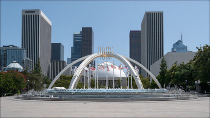 Fototapeta premium Modern cityscape featuring a large arch-shaped fountain with flags and a dome structure, surrounded by high-rise buildings under a clear blue sky.