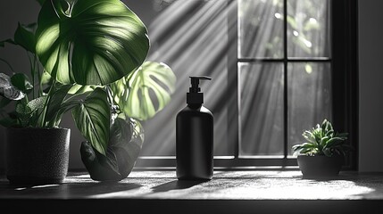Monochrome serenity: Plant-filled windowsill with light and minimalist beauty design
