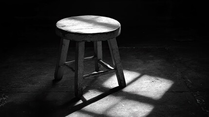 Monochrome Still Life: A Rustic Wooden Stool Bathed in Dramatic Light and Shadow