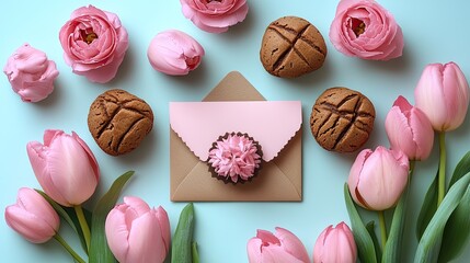 Romantic springtime flatlay featuring pink tulips, roses, cookies and an envelope with a pink