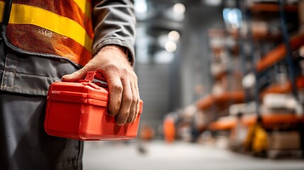 A worker in a warehouse holding a red toolbox, wearing a high-visibility vest.