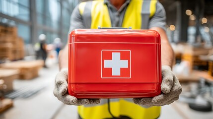 A red first aid kit with a white cross symbol, held by a construction worker in a busy construction site.