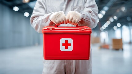 A red first aid kit with a white cross symbol, held by a person in a white protective suit.