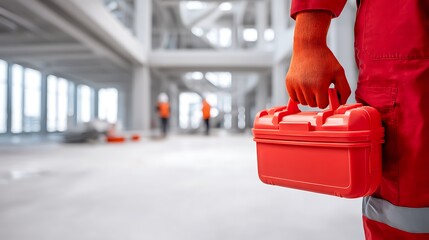 A construction worker in a red uniform holds a toolbox in an empty building.