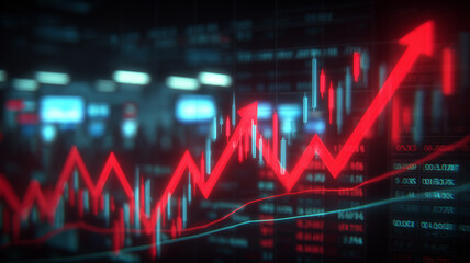 Rising arrow over a trading board, depicting bullish momentum market rally price action financial speculation and stock market growth amid volatility
