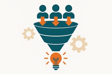Visual representation of a creative marketing funnel illustrating user acquisition strategies alongside gears and a glowing light bulb symbolizing innovative ideas and effective lead conversion