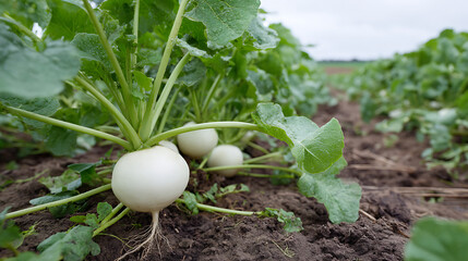 White turnip vegetable growing in soil with green leaves in farm field under cloudy sky