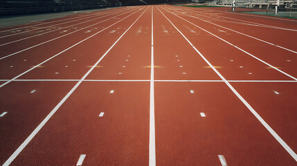 Empty red running track with white lane markings and starting blocks