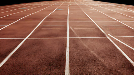 Empty running track with multiple lanes marked by white lines on a red surface
