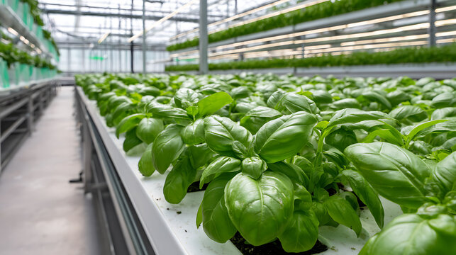 Hydroponic basil plants growing in modern greenhouse with bright natural light and organized rows of green leaves