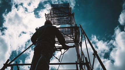 A construction worker is actively working on a scaffolding structure, with a focus on the intricate details of the metal framework and the worker's safety gear.