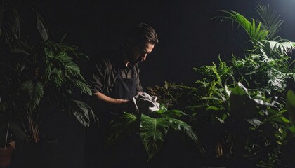 Dedicated plant parent meticulously tends to lush indoor foliage, gently cleaning leaves under focused light in a serene botanical haven, promoting vibrant growth and well-being