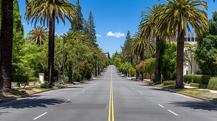 A wide, empty road lined with palm trees and greenery under a clear blue sky