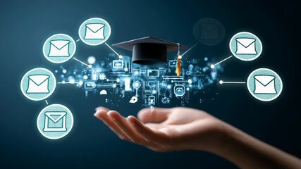 Online education graduation cap and digital icons emerge from a hand symbolizing online learning and its connectedness - Powered by Adobe