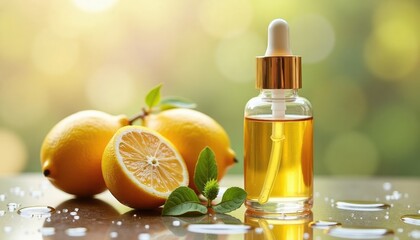 Lemon essential oil bottle with fresh lemons and mint leaves  