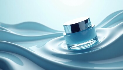 Moisturizing cream jar floating on blue water background  