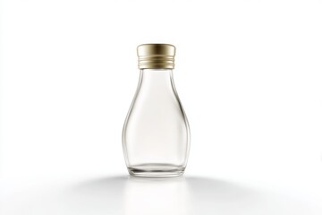 Clear glass bottle with gold cap on white background